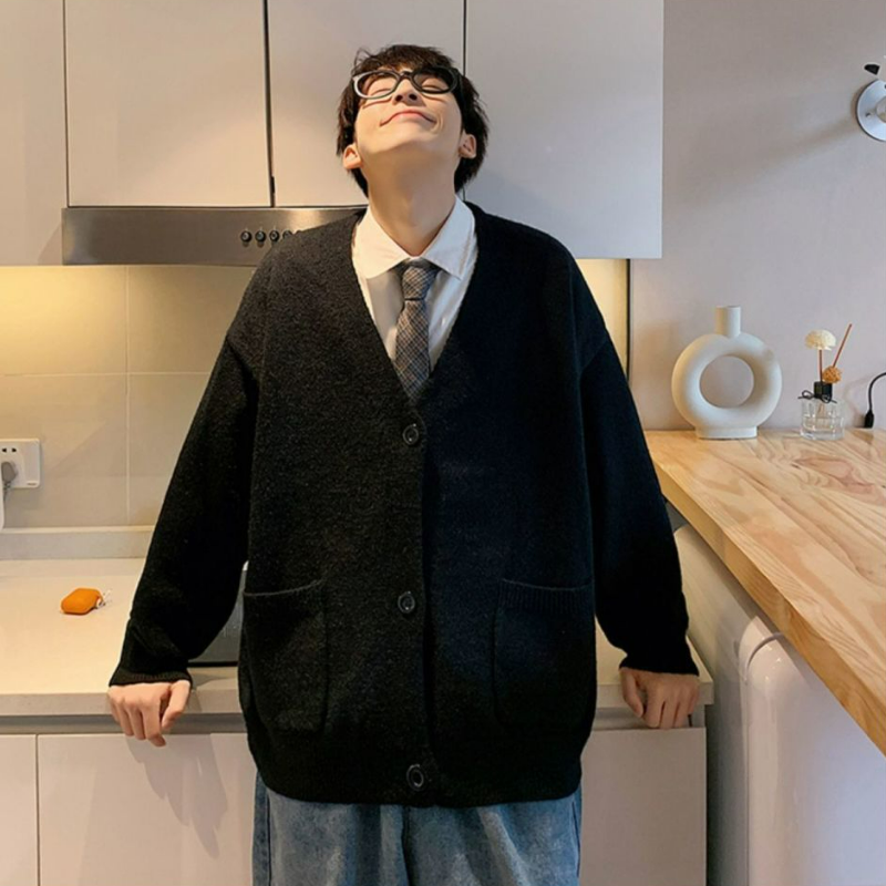 潮流寬鬆毛衣外套素色V領長袖針織開衫