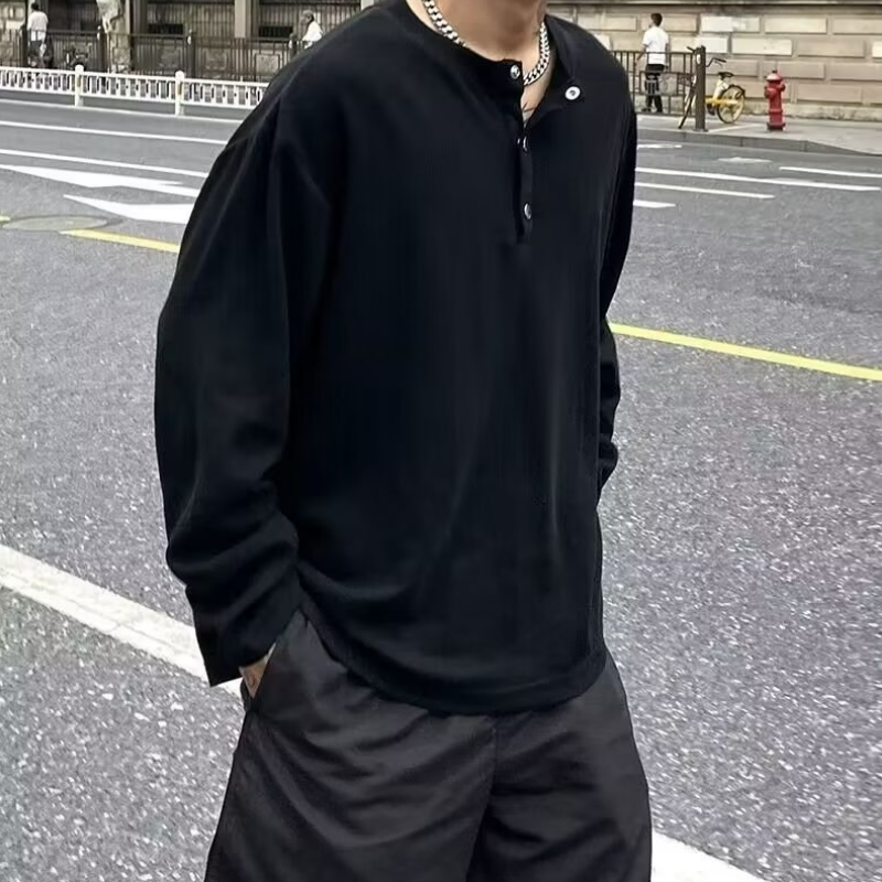 寬鬆休閒美式復古純色打底衫紐扣套頭長袖t恤