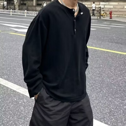 寬鬆休閒美式復古純色打底衫紐扣套頭長袖t恤