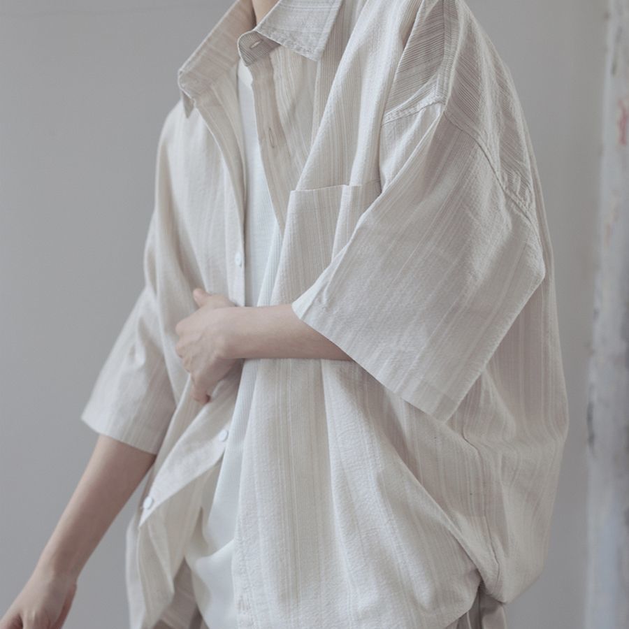 慵懶風輕薄飄逸氧氣感短袖襯衫男女日系廓形寬鬆肌理感夏季襯衣潮