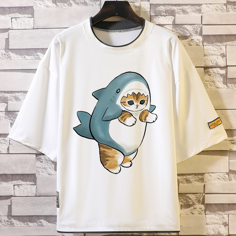 呆萌貓日系印花撞色拼接短袖T恤