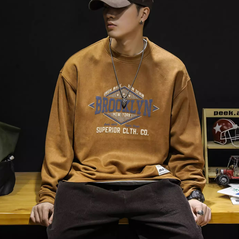 美式復古麂皮絨寬鬆潮牌圓領長袖T恤