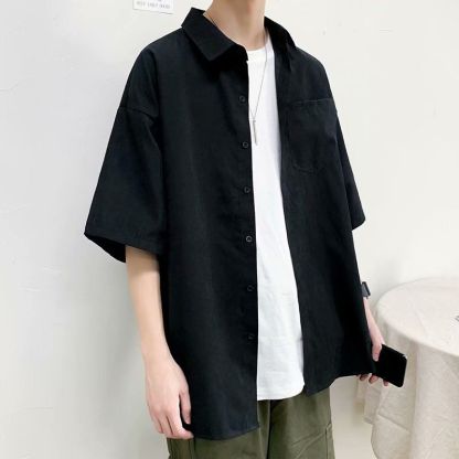 韓版潮流帥氣素色港風痞帥寬鬆情侶短袖襯衫