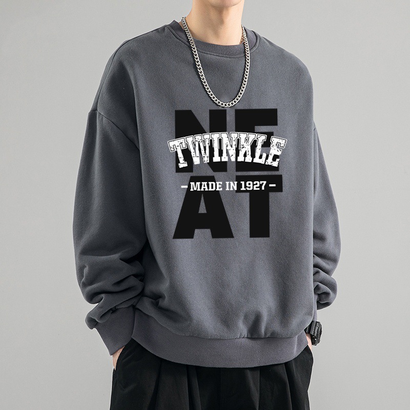 重磅美式寬鬆圓領印花潮流刷毛長袖T恤