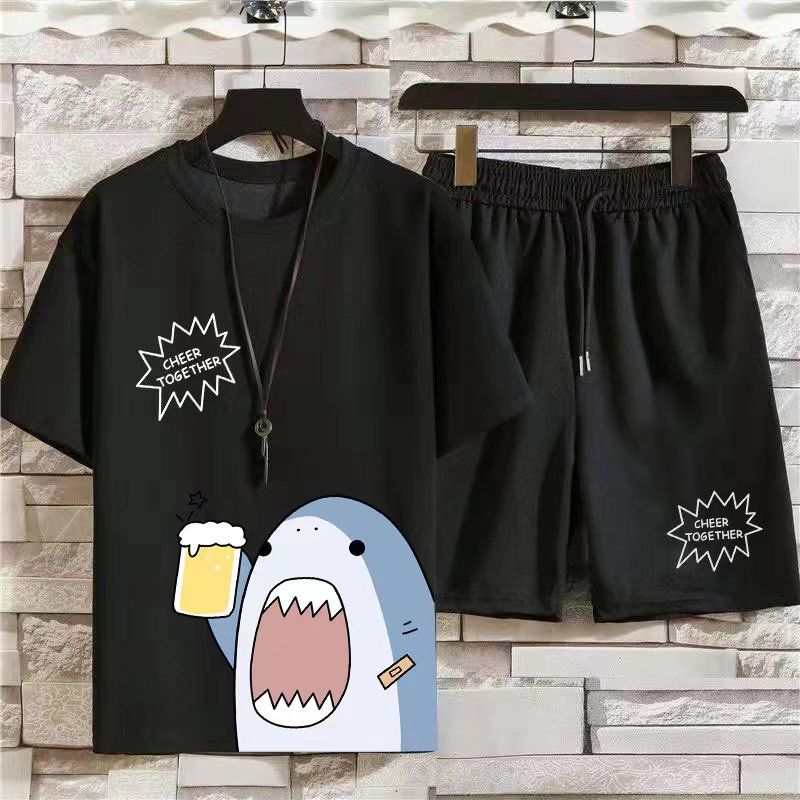 【套裝】休閒運動夏季新款修身韓版t恤潮牌短袖短褲