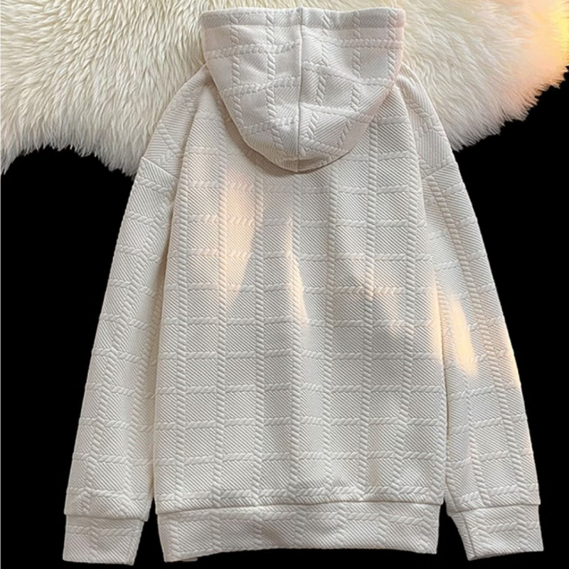 時尚素色帽衫方格雙帽繩重磅長袖連帽T