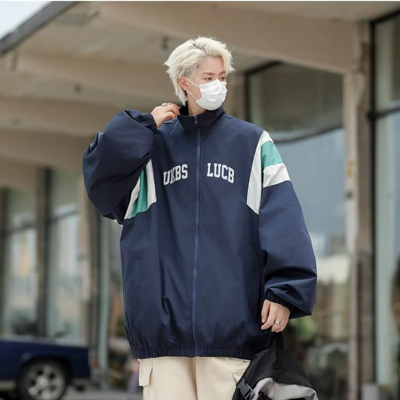 痞帥薄款嘻哈百搭拼接立領夾克外套