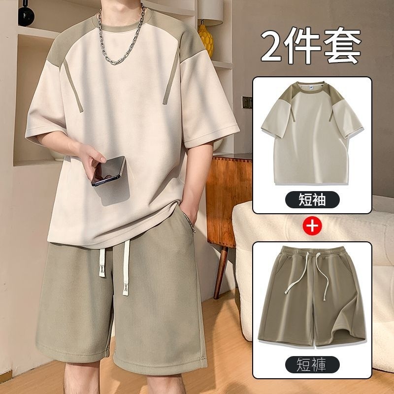 套裝男士夏季薄款休閒整套搭配青少年寬鬆短袖透氣t恤五分短褲男
