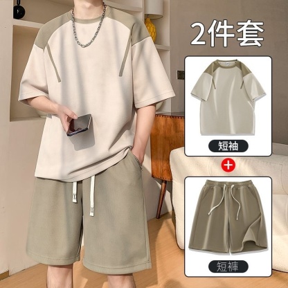 套裝男士夏季薄款休閒整套搭配青少年寬鬆短袖透氣t恤五分短褲男