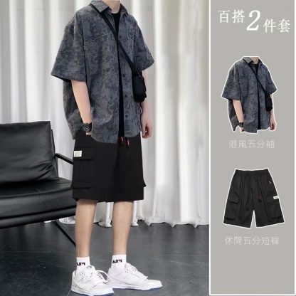 【單件/套裝】港風寬松百搭帥氣短袖襯衫+百搭T恤+休閑五分短褲三件套