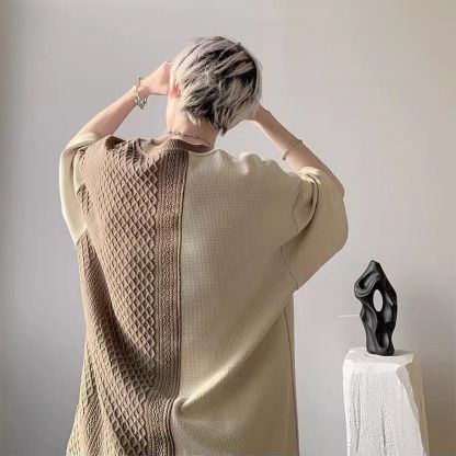 美式復古華夫格設計感拼接撞色短袖t恤