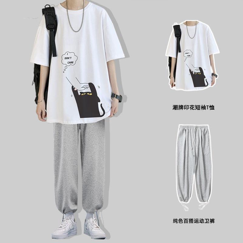 【單件/套裝】ins潮牌貓咪印花短袖t恤+運動束腳褲裝兩件套套裝
