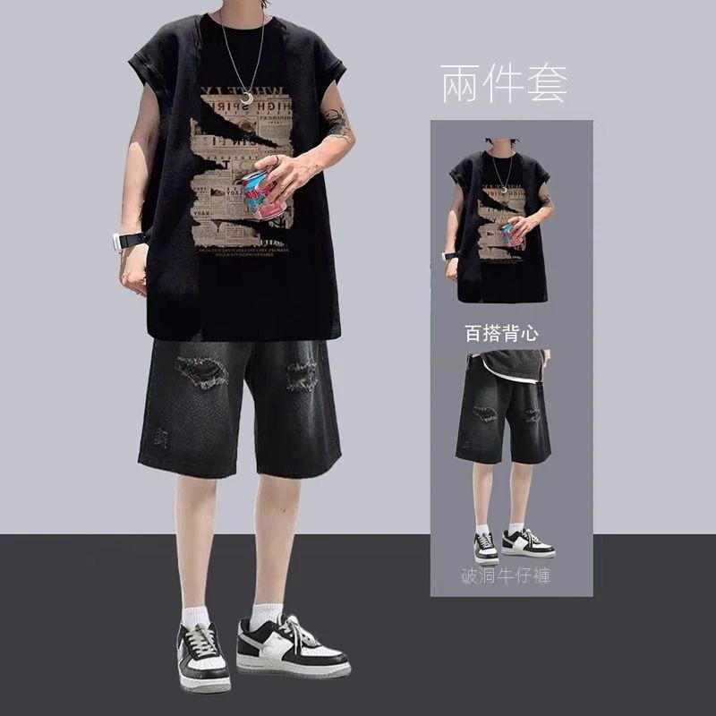 【單件/套裝】潮流寬鬆短袖帥氣牛仔短褲兩件套裝