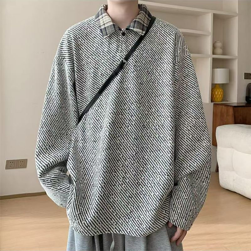 假兩件針織polo打底衫寬鬆大碼長袖t恤