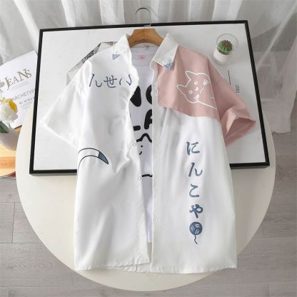 貓咪ins潮流日系印花短袖襯衫