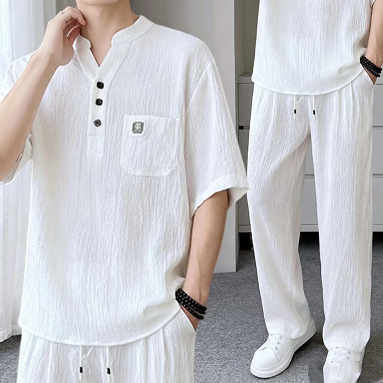 @【整套】新中式V領皺感寬松茶服短袖+薄款休閑長褲兩件套