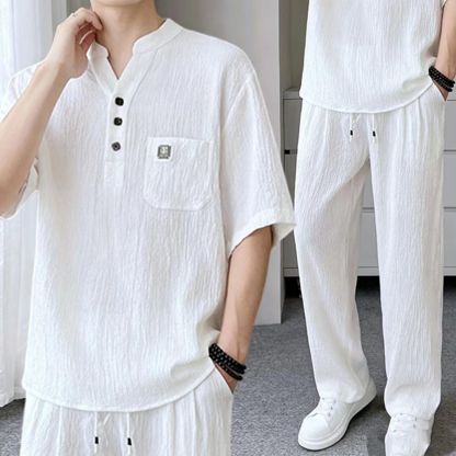 @【整套】新中式V領皺感寬松茶服短袖+薄款休閑長褲兩件套
