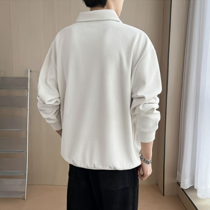 痞帥炸街輕熟風翻領條紋薄半拉鍊長袖polo衫