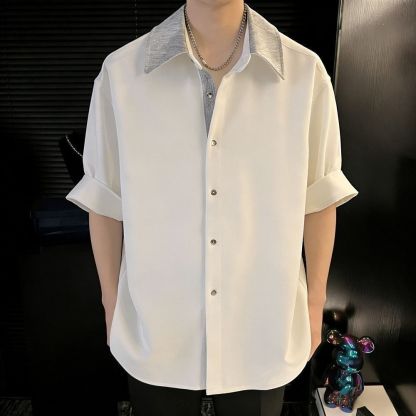 拼接領撞色假兩件薄款冰絲透氣短袖襯衫