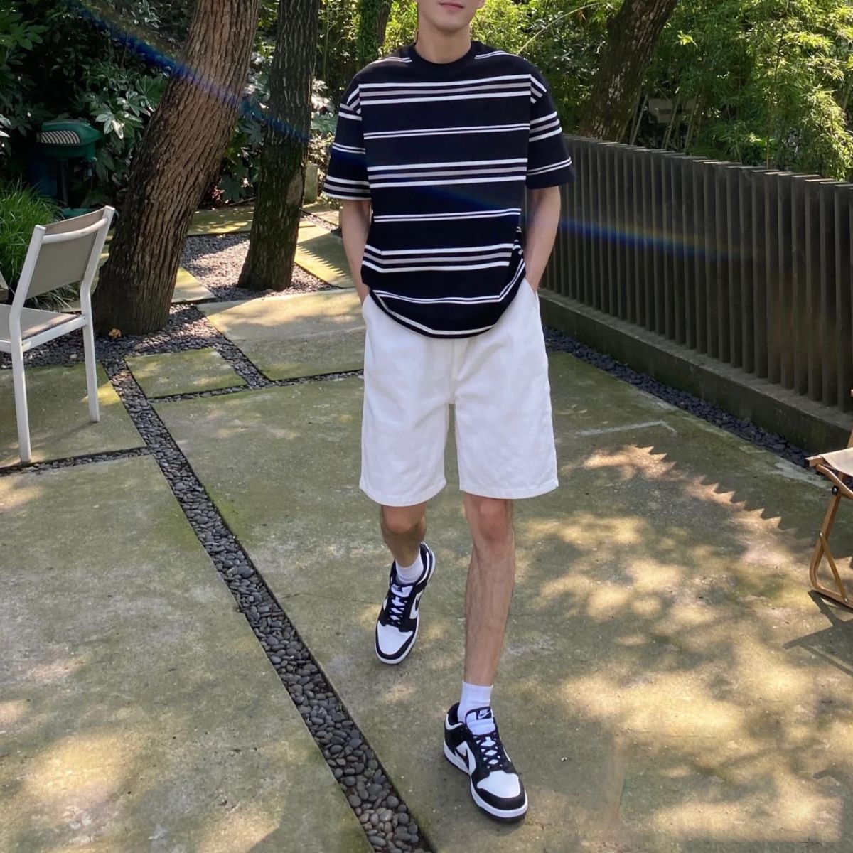 【單件/套裝】韓版帥氣條紋短袖t恤+五分休閑短褲兩件套