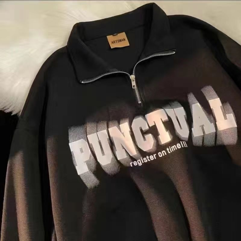 半拉鍊polo美式復古長袖翻領衛衣