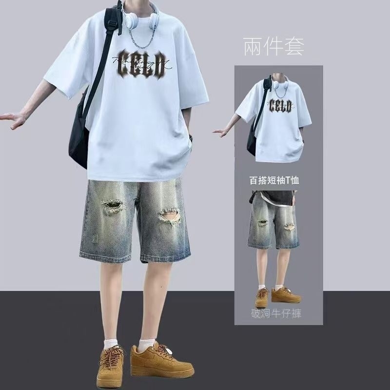 【單件/套裝】酷帥休閒短袖t恤牛仔短褲兩件套