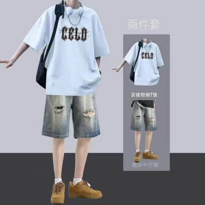 【單件/套裝】酷帥休閒短袖t恤牛仔短褲兩件套