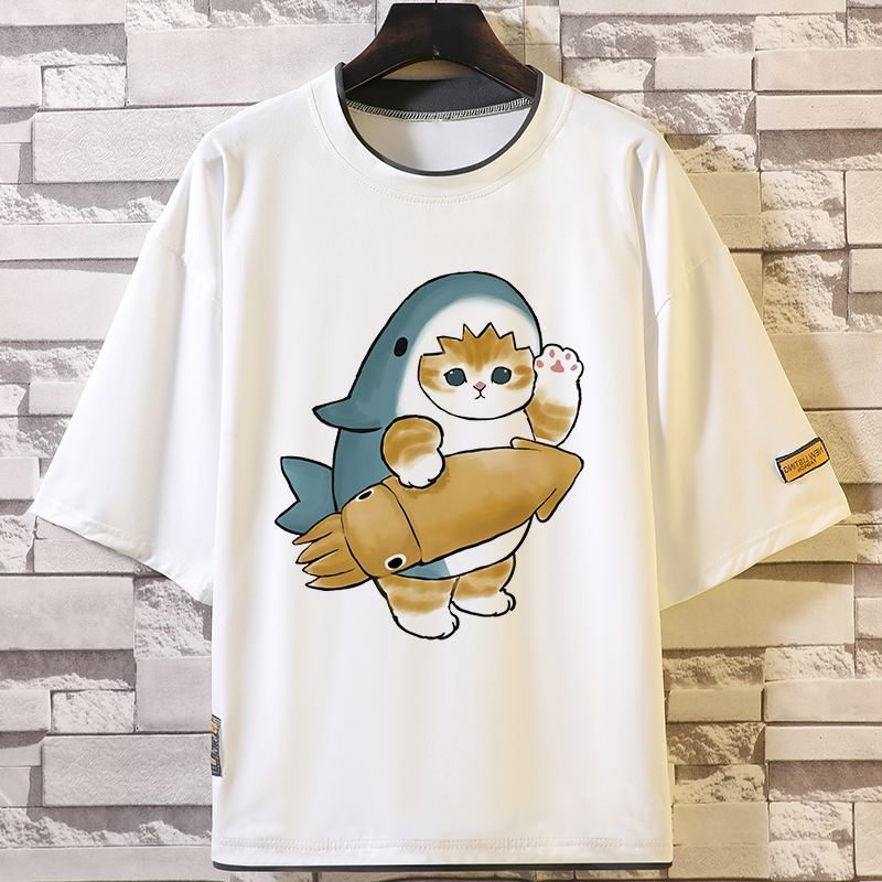 呆萌貓日系印花撞色拼接短袖T恤