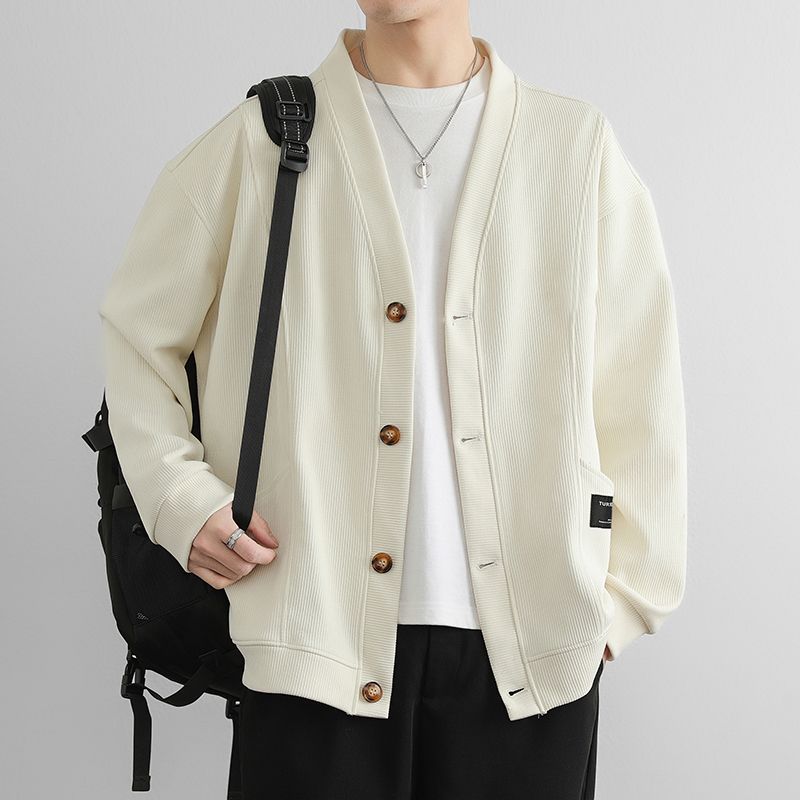 潮流素色簡約寬鬆休閒V領開衫外套