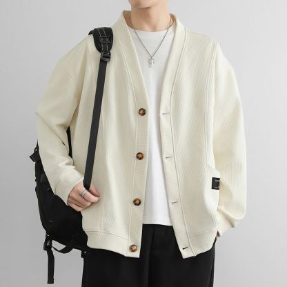 潮流素色簡約寬鬆休閒V領開衫外套