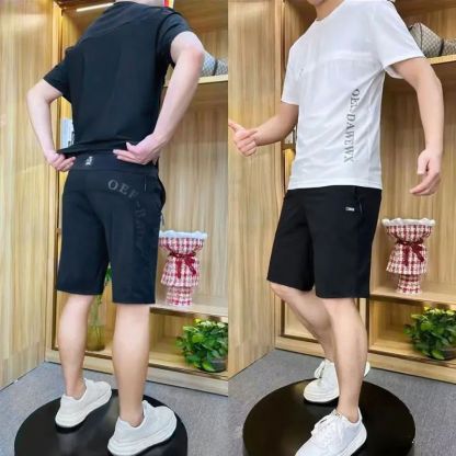 【整套】冰絲短袖五分短褲彈力網眼拼接休閒兩件套裝