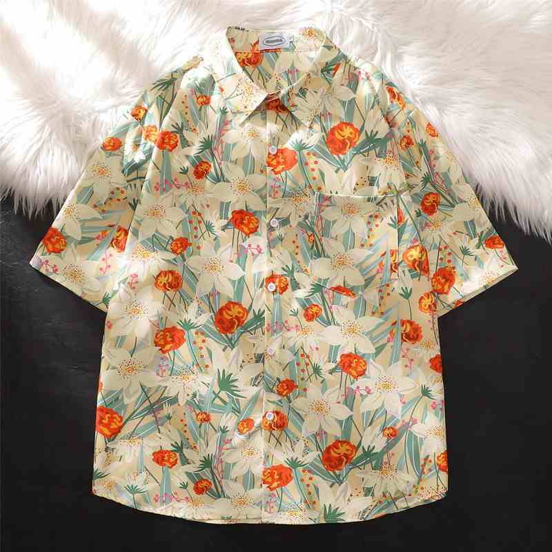 【單件/整套】冰絲花襯衫高級感痞帥沙灘短褲套裝