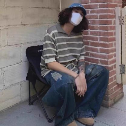 黑白條紋鏤空冰絲針織衫美式翻領polo衫短袖t恤