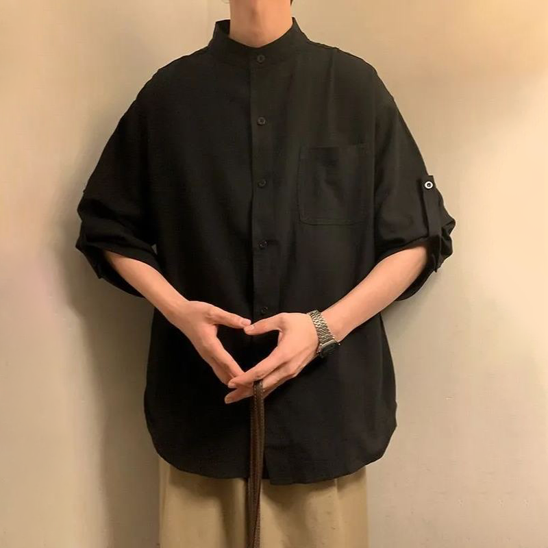 棉麻新中式國風七分袖無領短袖襯衫