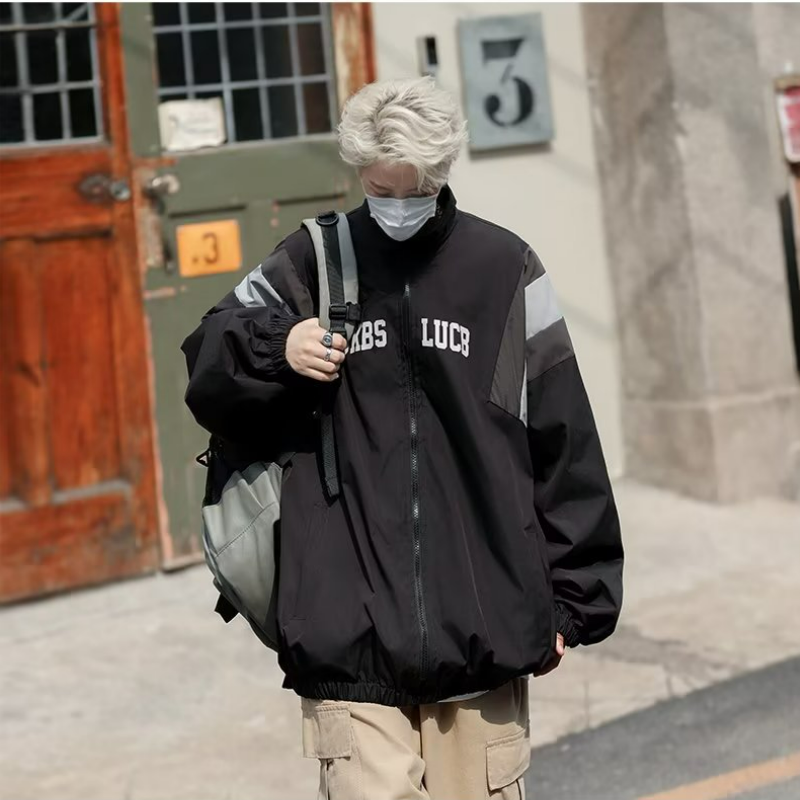 痞帥薄款嘻哈百搭拼接立領夾克外套