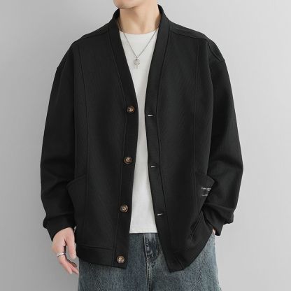 潮流素色簡約寬鬆休閒V領開衫外套