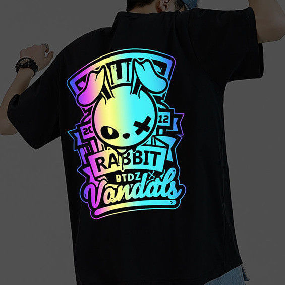 炫彩反光oversize港味街頭兔子聯名ins國潮情侶裝上衣