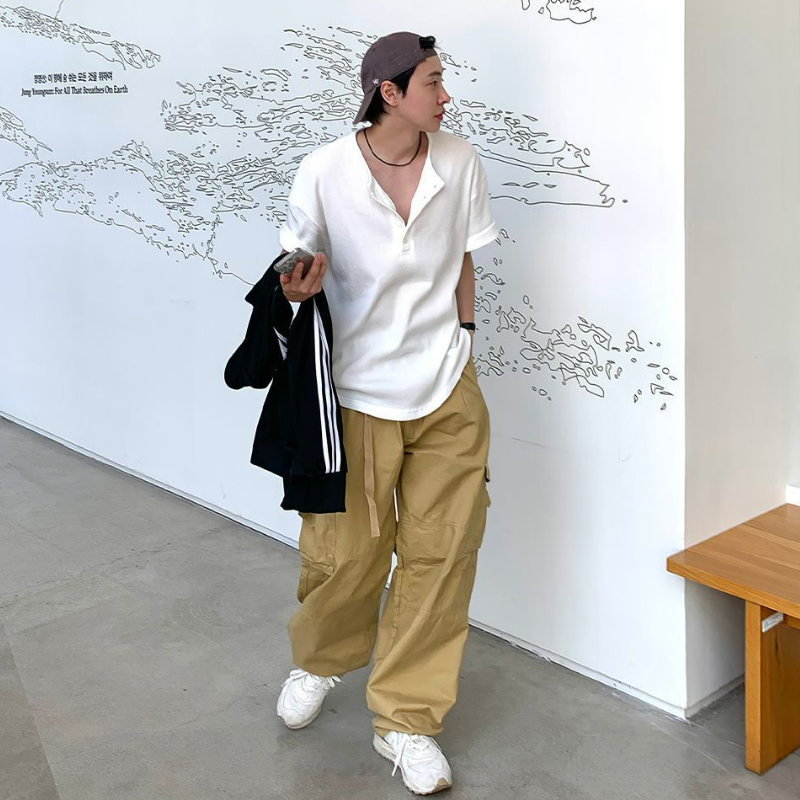 亨利領螺紋華夫格韓版透氣休閒百搭時尚短袖t恤