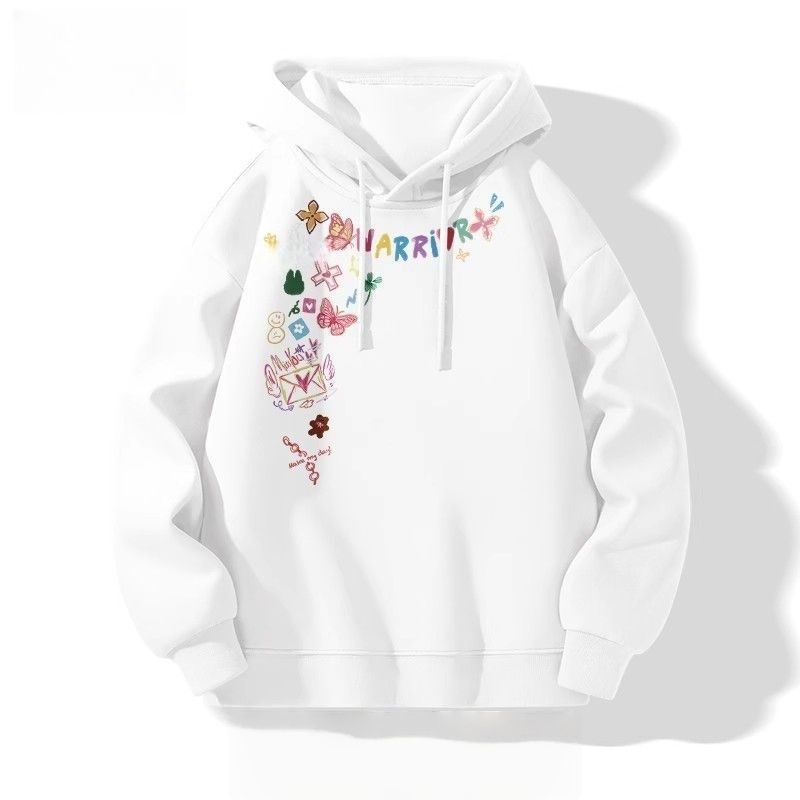 美式塗鴉花卉印花寬鬆休閒連帽情侶衛衣