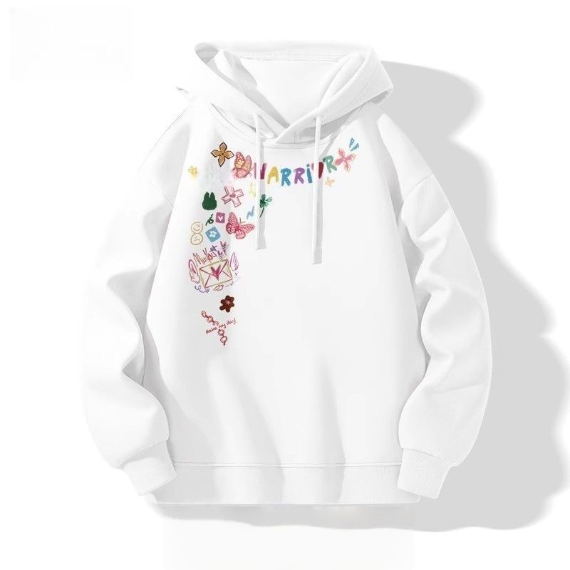 美式塗鴉花卉印花寬鬆休閒連帽情侶衛衣