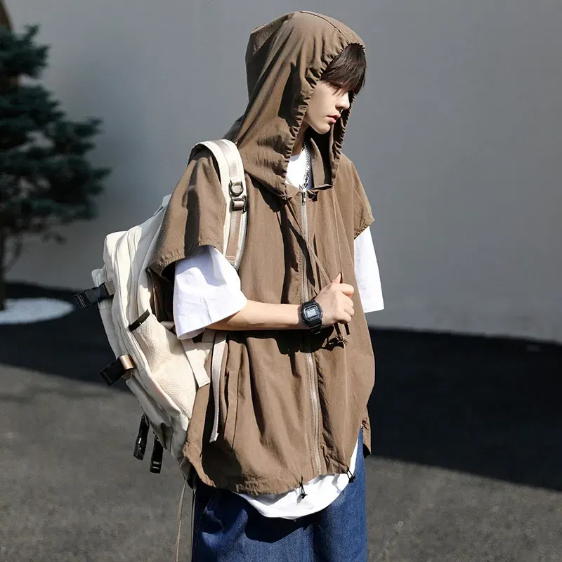 復古文藝休閒外搭寬鬆慵懶風連帽背心馬甲