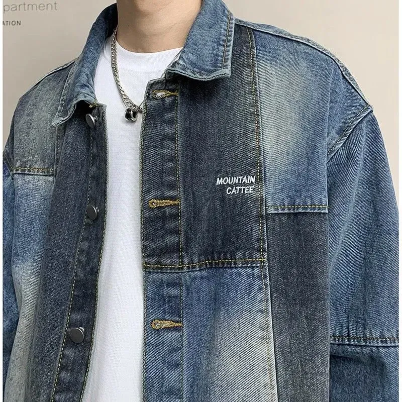 【單件/套裝】高級感潮流痞帥撞色牛仔夾克+長袖T恤+束腳休閒褲三件裝