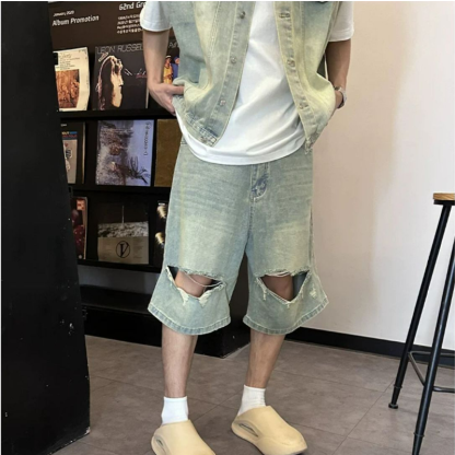 【單件】美式街頭復古水洗馬甲+破洞五分牛仔褲套裝