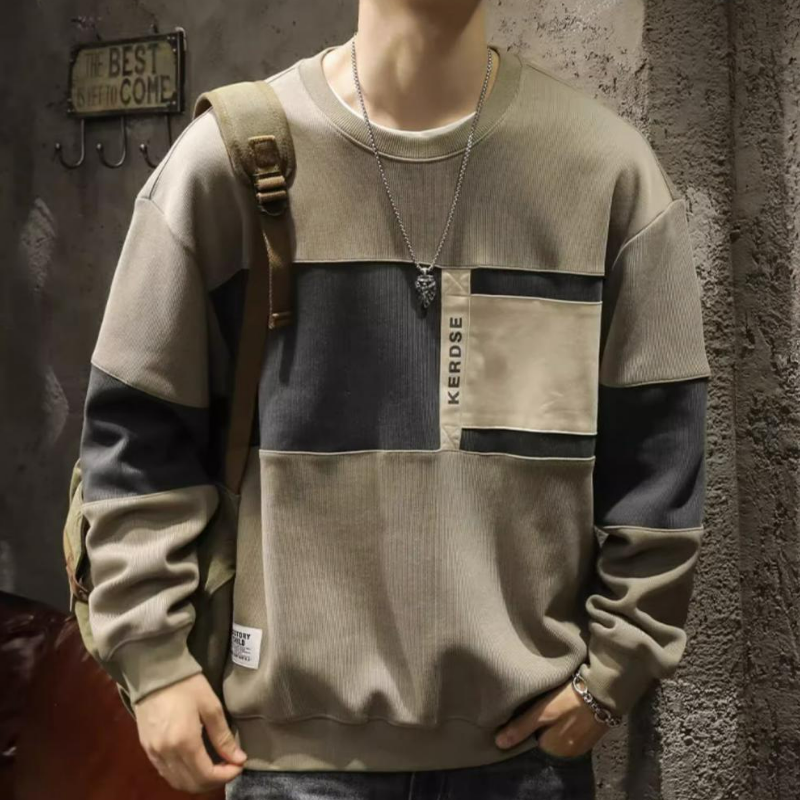 美式重磅青春時尚寬鬆寬鬆圓領拼色長袖T恤