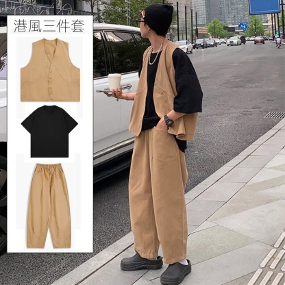 【單件/套裝】日系痞帥潮流高級工裝馬甲+百搭T恤+休閑闊腿褲三件套