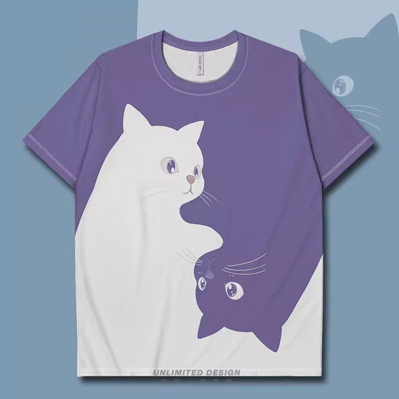 小貓咪黑白撞色簡約兩極設計潮流短袖T恤