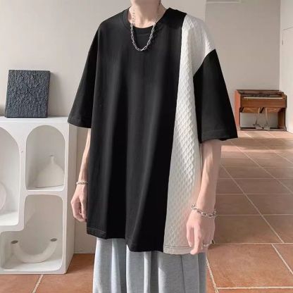 美式復古華夫格設計感拼接撞色短袖t恤