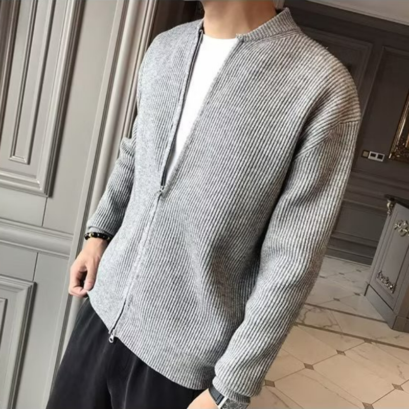 時尚潮流素色針織開衫休閒修身長袖毛衣外套