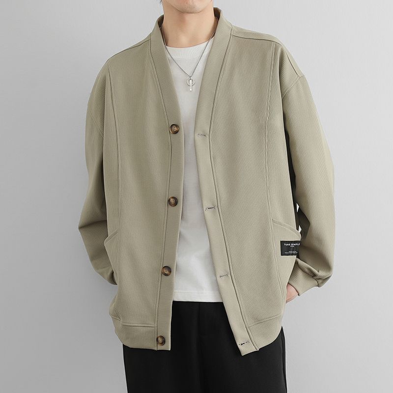 潮流素色簡約寬鬆休閒V領開衫外套