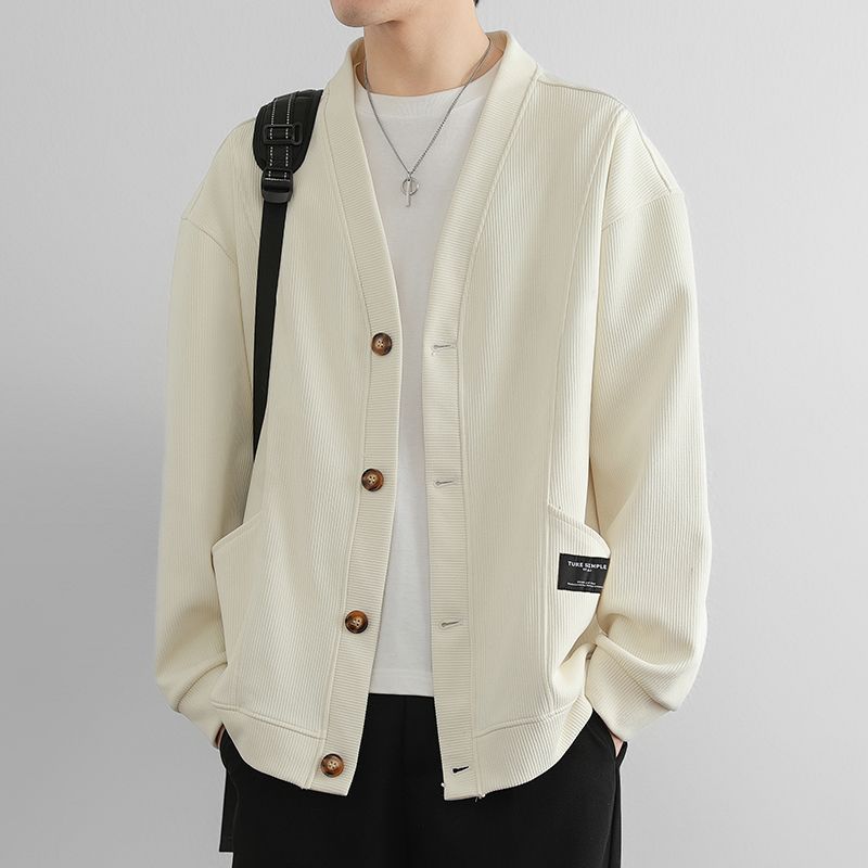 潮流素色簡約寬鬆休閒V領開衫外套